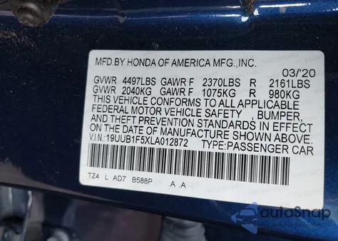 2020 Acura Tlx Tech Package from USA, damaged, VIN 19UUB1F5XLA012872